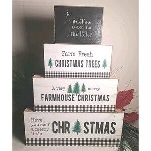 Large 4 Piece Wooden Block Farmhouse Christmas Decor Trees Black White Checkered